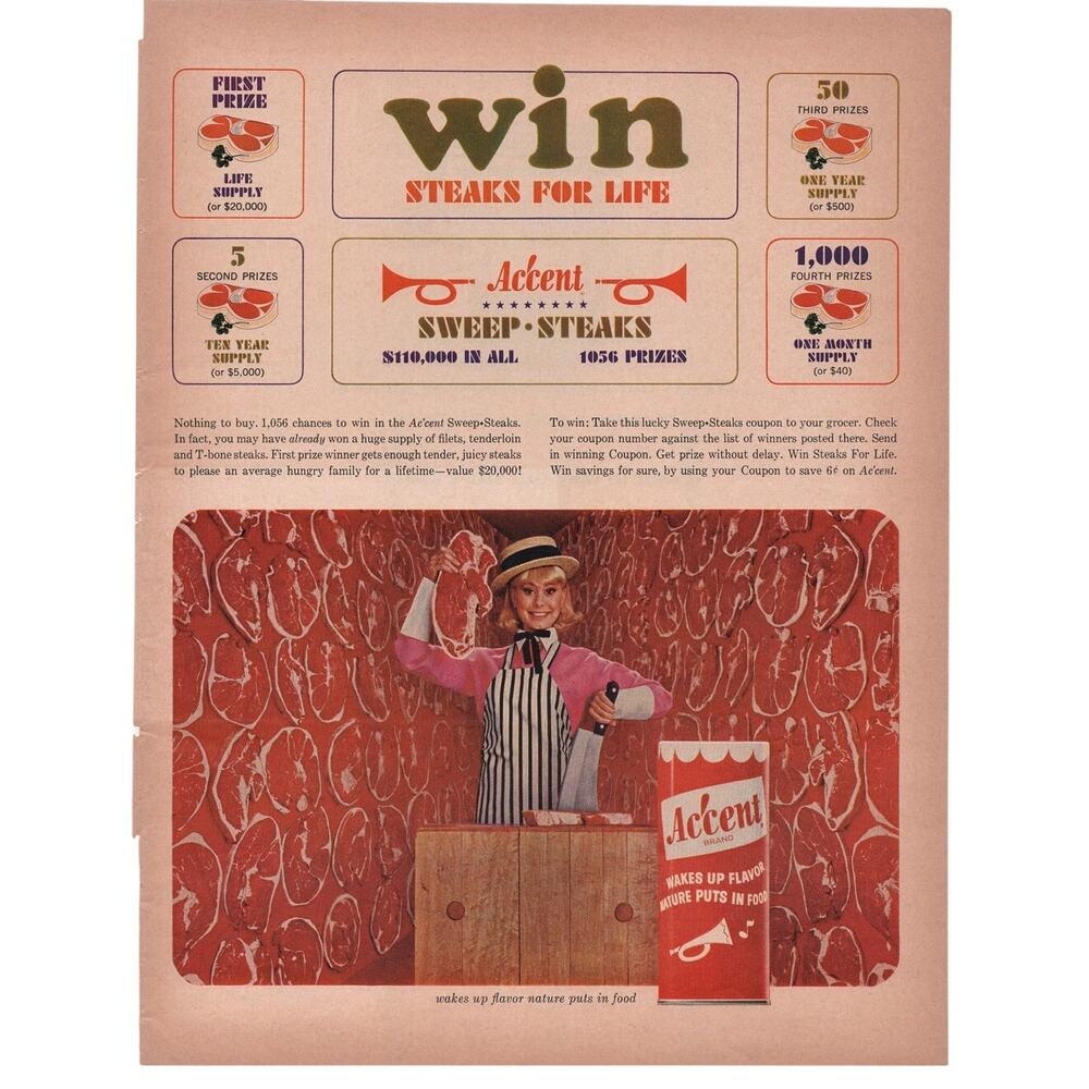 Accent Seasoning Steak Sweepstakes Magazine Advertisement 1960s Meat Vintage
